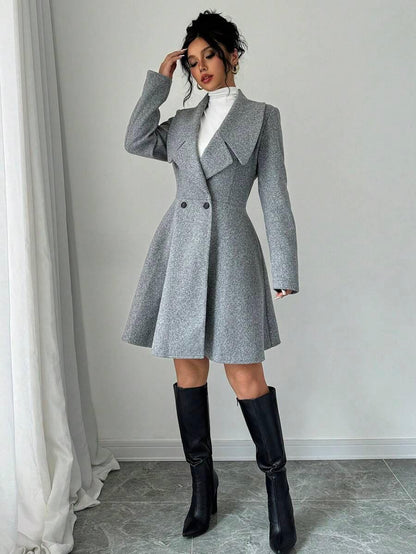 Elegant Minimalist Wool Overcoat With Waterfall Neckline