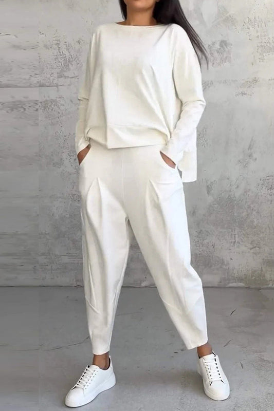 Casual Solid Color Pocket O Neck Long Sleeve Two Pieces(9 Colors)