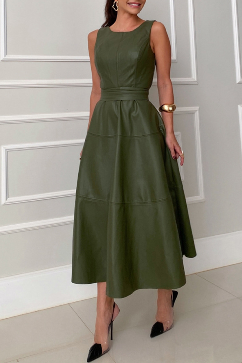 Faux Leather Panel Seam Sleeveless Crew Neck Belted Fit-and-Flare Midi Dress