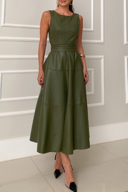 Faux Leather Panel Seam Sleeveless Crew Neck Belted Fit-and-Flare Midi Dress