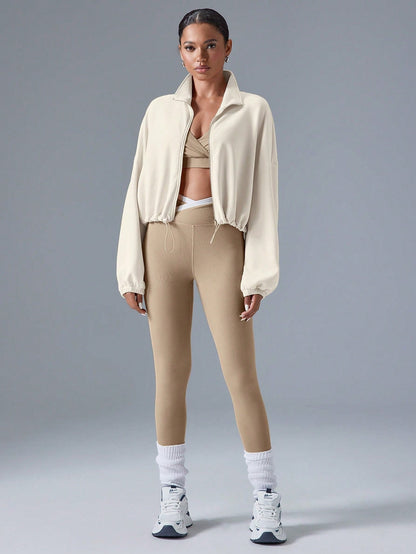 Cropped Zip Jacket For Women With Stand Collar And Pocket Details Lightweight Sporty Outdoor