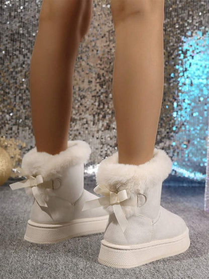 2025Women Snow Boots Winter New Warm Plush Lined Soft Bottom One-Push Bow Decor Thick Sole Boots