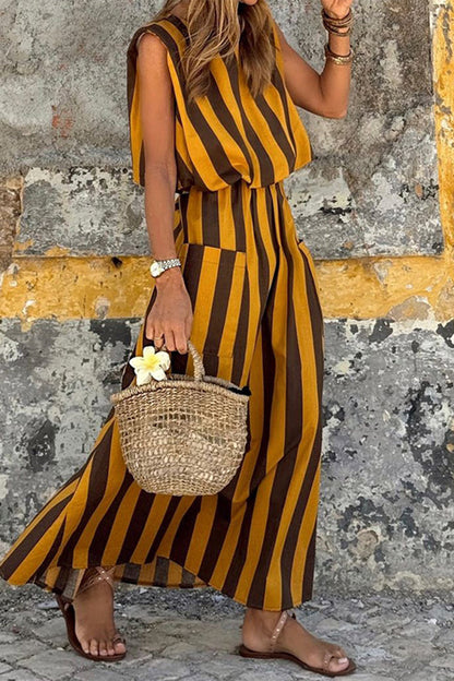 Casual Striped Print Pocket Contrast O Neck Sleeveless Dresses