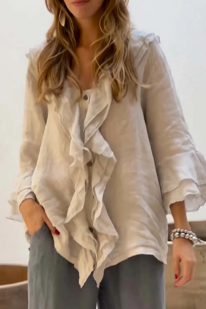 Women's Solid Color Ruffle Blouse – V-Neck Everyday Casual Top