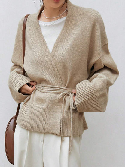 Apricot Belted Drop Shoulder Cardigan