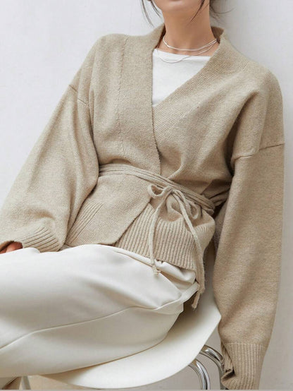 Apricot Belted Drop Shoulder Cardigan