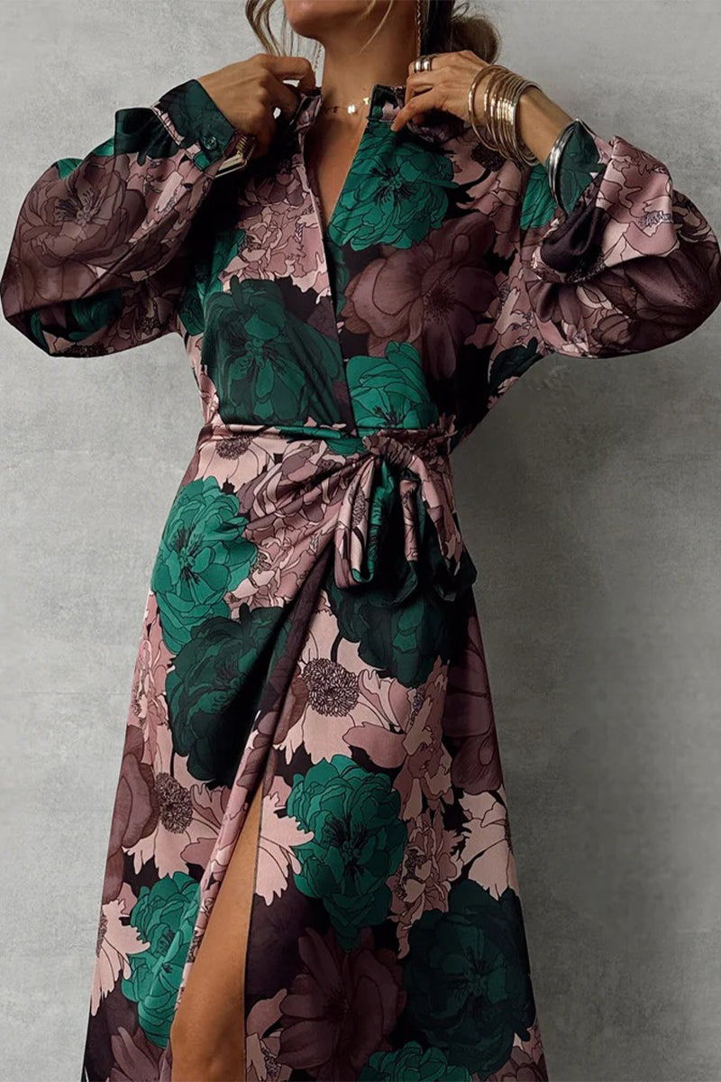 Floral Print Satin Wrap Tie Waist Bishop Sleeve High Split Maxi Dress