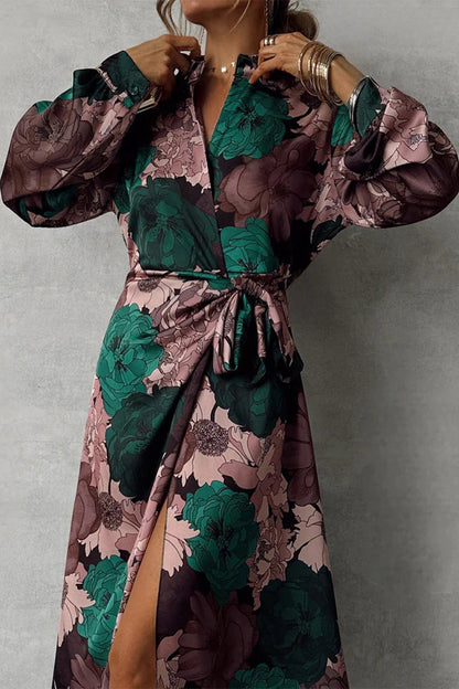 Floral Print Satin Wrap Tie Waist Bishop Sleeve High Split Maxi Dress