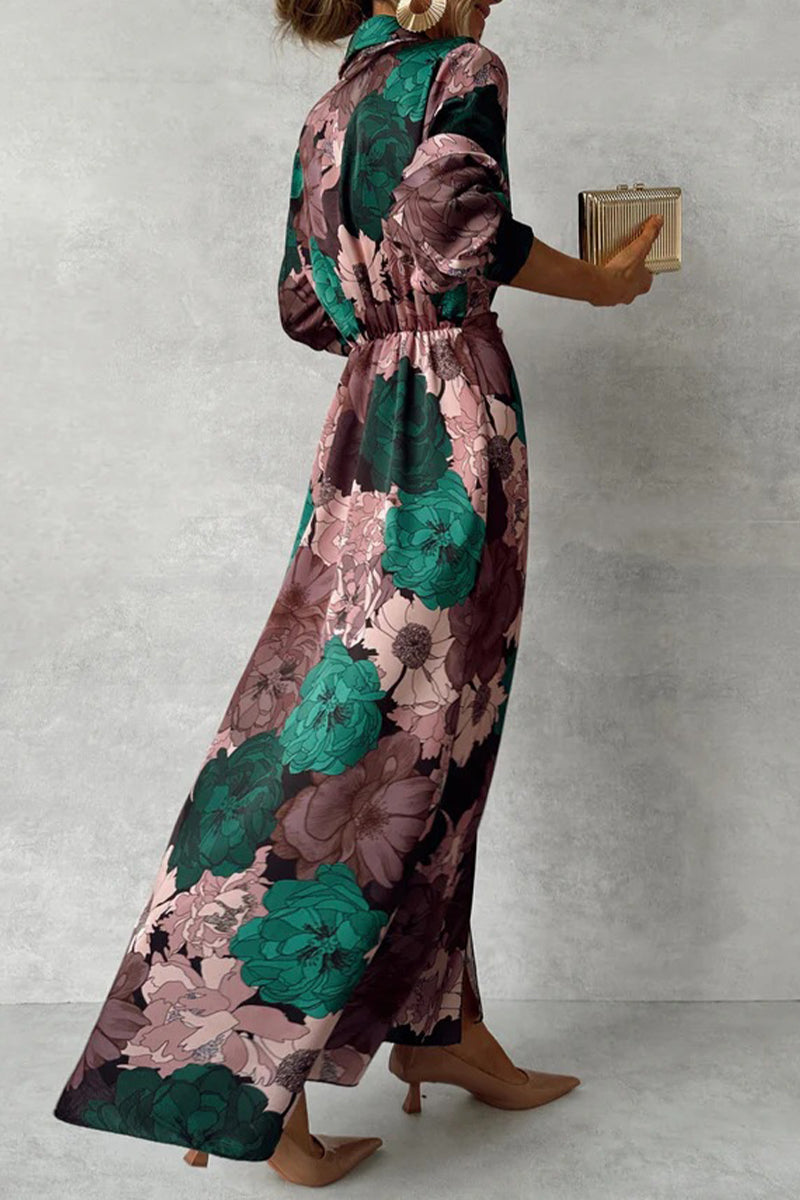 Floral Print Satin Wrap Tie Waist Bishop Sleeve High Split Maxi Dress