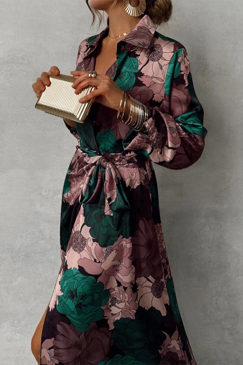 Floral Print Satin Wrap Tie Waist Bishop Sleeve High Split Maxi Dress
