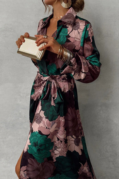 Floral Print Satin Wrap Tie Waist Bishop Sleeve High Split Maxi Dress