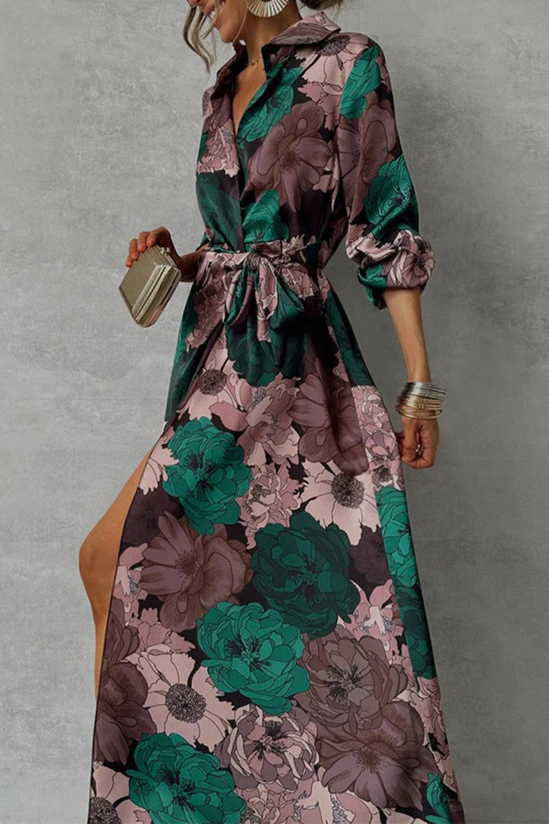 Floral Print Satin Wrap Tie Waist Bishop Sleeve High Split Maxi Dress