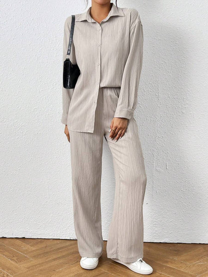 Petite Black Two Piece Office Set Blouse And Pants With Single Breasted Button Front