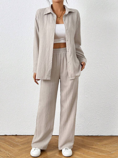 Petite Black Two Piece Office Set Blouse And Pants With Single Breasted Button Front
