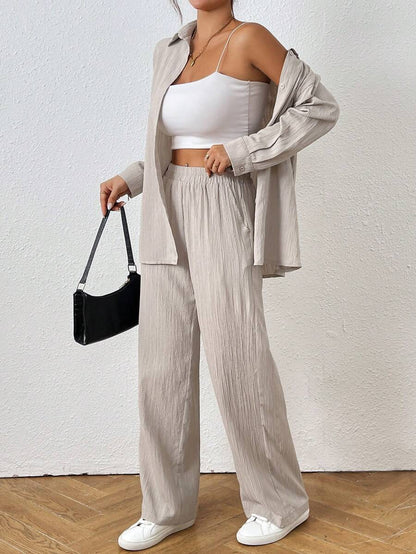 Petite Black Two Piece Office Set Blouse And Pants With Single Breasted Button Front