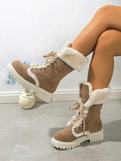 Fall/Winter Thick Sole Mid-Calf Lace-Up Snow Boots For Women, Warm Plush Lined, European Style, Fits Large Sizes,Fur Boots