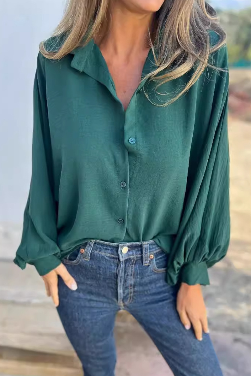 Women's Relaxed Button-Up Blouse – Puff Long Sleeve Collared Shirt