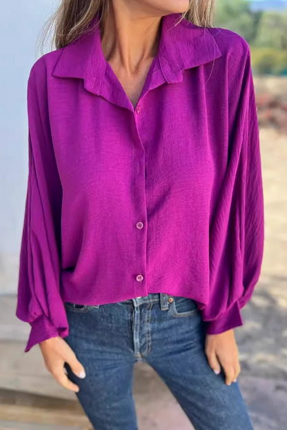 Women's Relaxed Button-Up Blouse – Puff Long Sleeve Collared Shirt