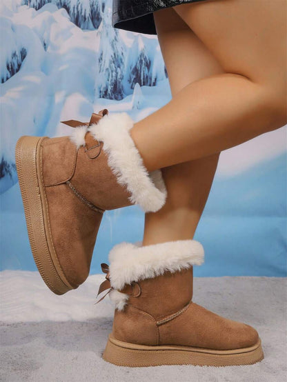 2025Women Snow Boots Winter New Warm Plush Lined Soft Bottom One-Push Bow Decor Thick Sole Boots