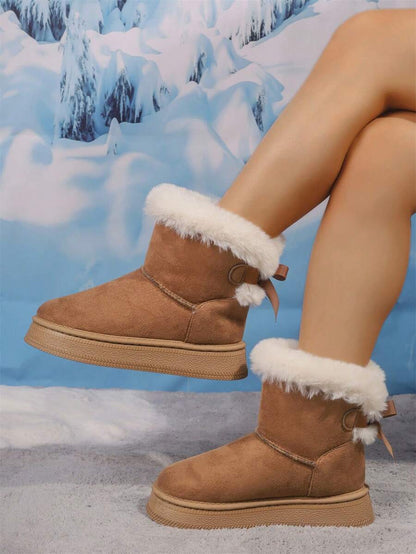 2025Women Snow Boots Winter New Warm Plush Lined Soft Bottom One-Push Bow Decor Thick Sole Boots