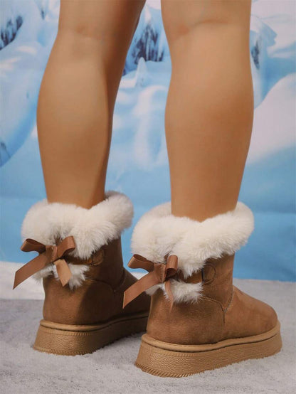2025Women Snow Boots Winter New Warm Plush Lined Soft Bottom One-Push Bow Decor Thick Sole Boots