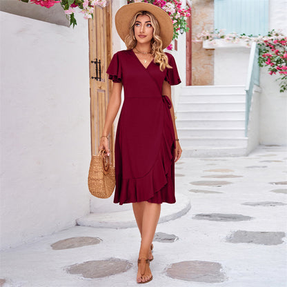 V-Neck Short Sleeve Irregular Midi Dress in Various Colors