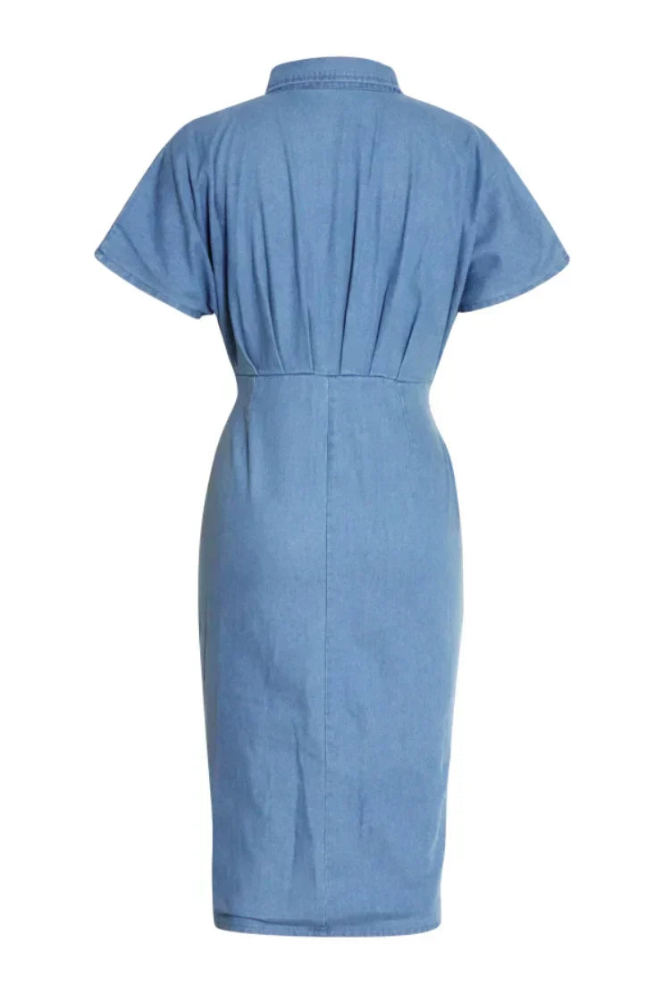 Denim Collared Button Front Tie Knot Waist Front Slit Midi Shirt Dress