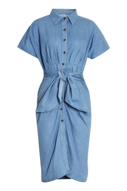 Denim Collared Button Front Tie Knot Waist Front Slit Midi Shirt Dress