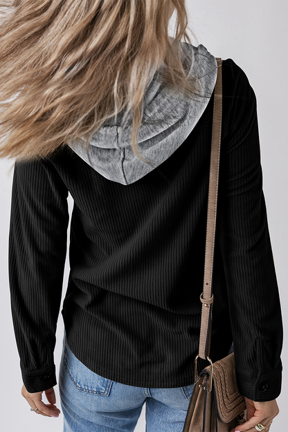 Casual Daily Draw String Buttons Patchwork Contrast Hooded Tops