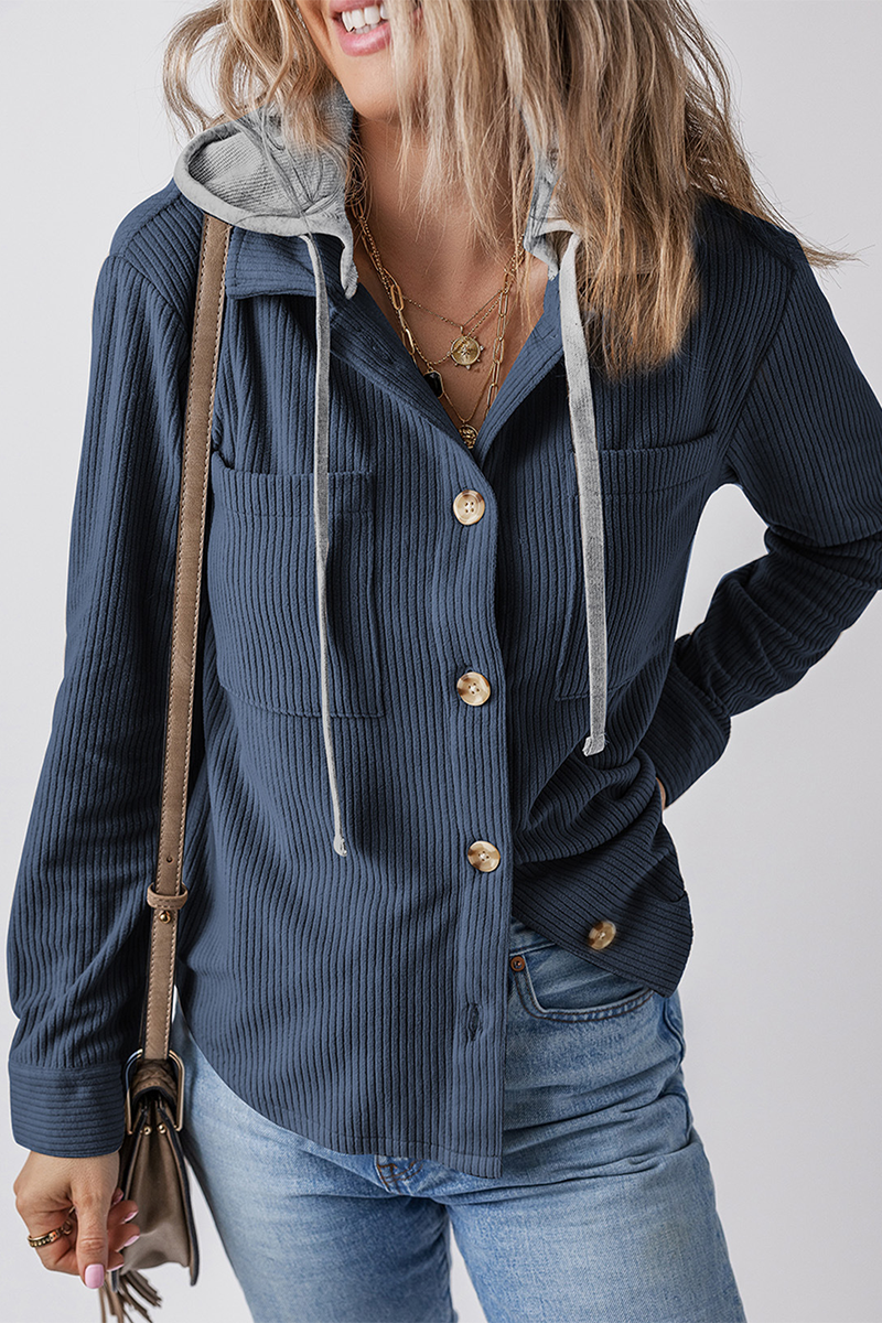 Casual Daily Draw String Buttons Patchwork Contrast Hooded Tops