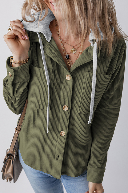 Casual Daily Draw String Buttons Patchwork Contrast Hooded Tops