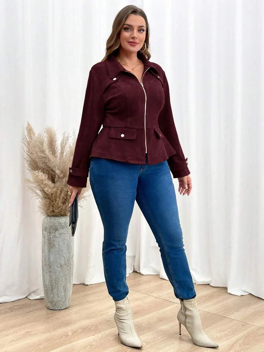 Plus Size Rust Brown Zipper Front Jacket With Casual Fit