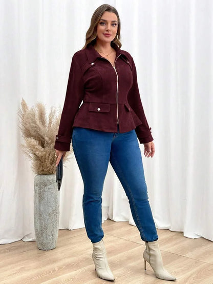 Plus Size Rust Brown Zipper Front Jacket With Casual Fit
