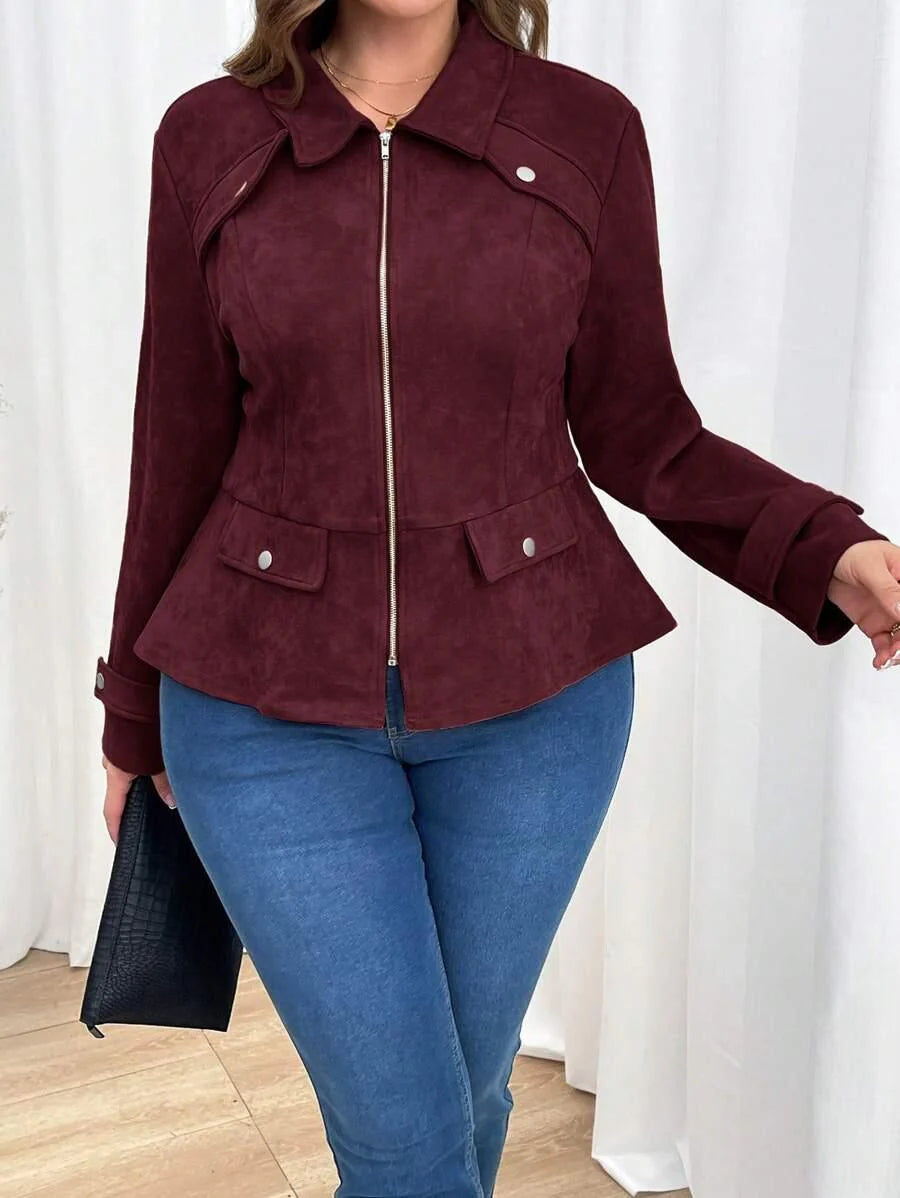 Plus Size Rust Brown Zipper Front Jacket With Casual Fit