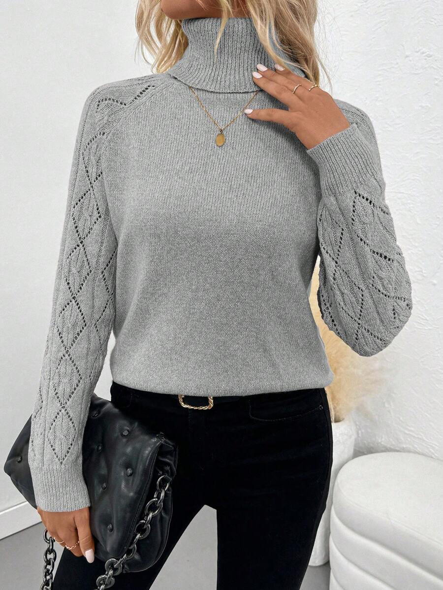 White Pointelle Hollow Out Raglan Sleeve Pullover Sweater Cozy Winter Casual Knit For Daily Wear
