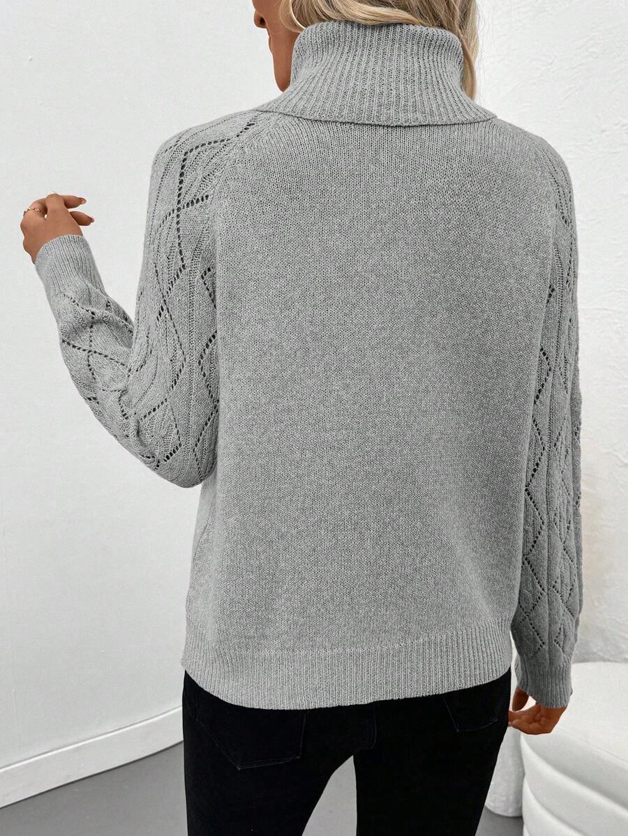 White Pointelle Hollow Out Raglan Sleeve Pullover Sweater Cozy Winter Casual Knit For Daily Wear