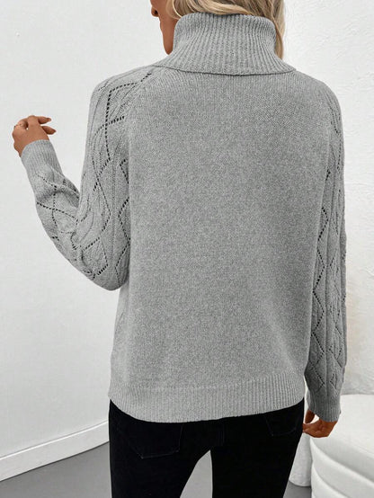 White Pointelle Hollow Out Raglan Sleeve Pullover Sweater Cozy Winter Casual Knit For Daily Wear