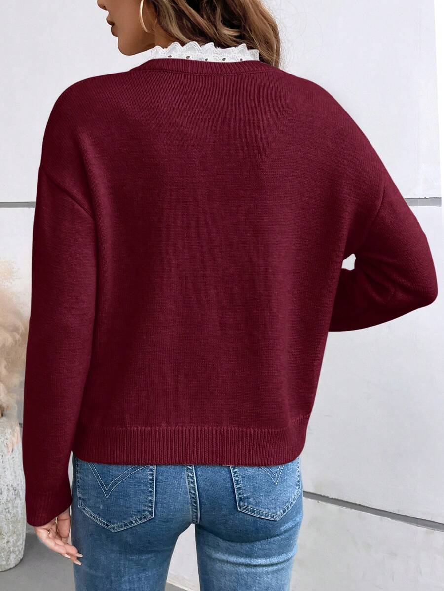 Blue Lace Collar Knit Pullover Notched Neck Casual Fall Winter Sweater For Everyday Warmth