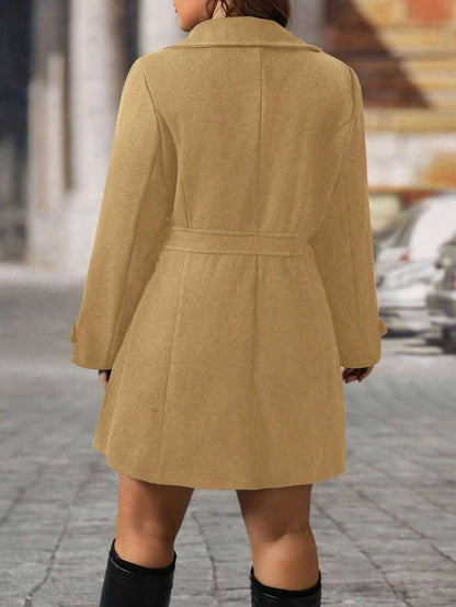 Plus Size Knit Coat Black Lapel Button Decor Waisted Midi