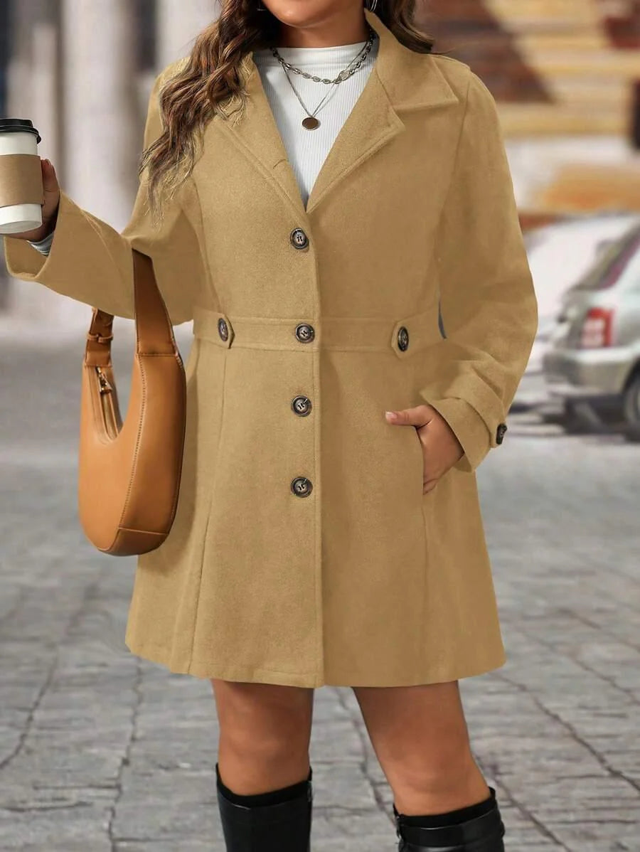Plus Size Knit Coat Black Lapel Button Decor Waisted Midi