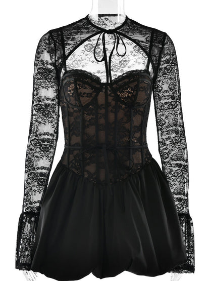 Black Lace Corset Dress With Detachable Bolero Birthday Party Puffball Mini Dress For Women 2026