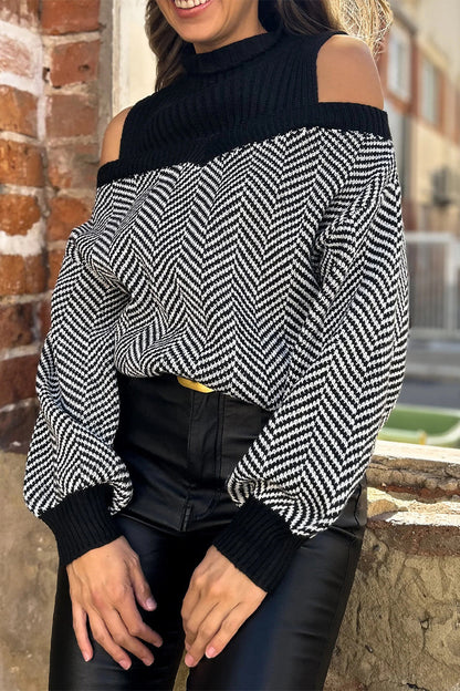 Casual Stripe Weave Contrast Half A Turtleneck Sweaters