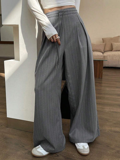 Minimalist Wide Leg Pants For Women Casual Solid Color Long Loose Mid Waist Trousers
