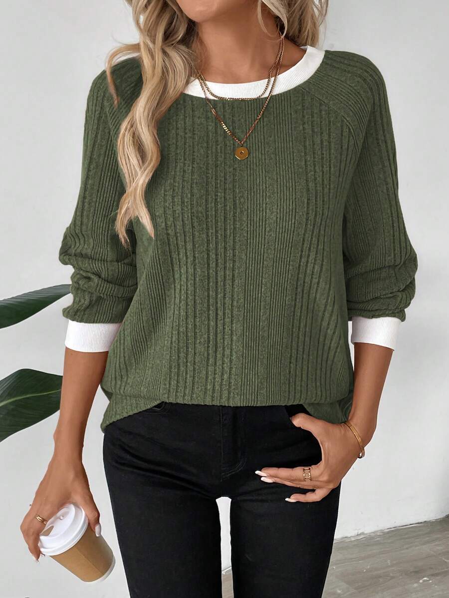 Colorblock Raglan Sweatshirt Round Neck Pullover Lined For Warmth Casual Daily