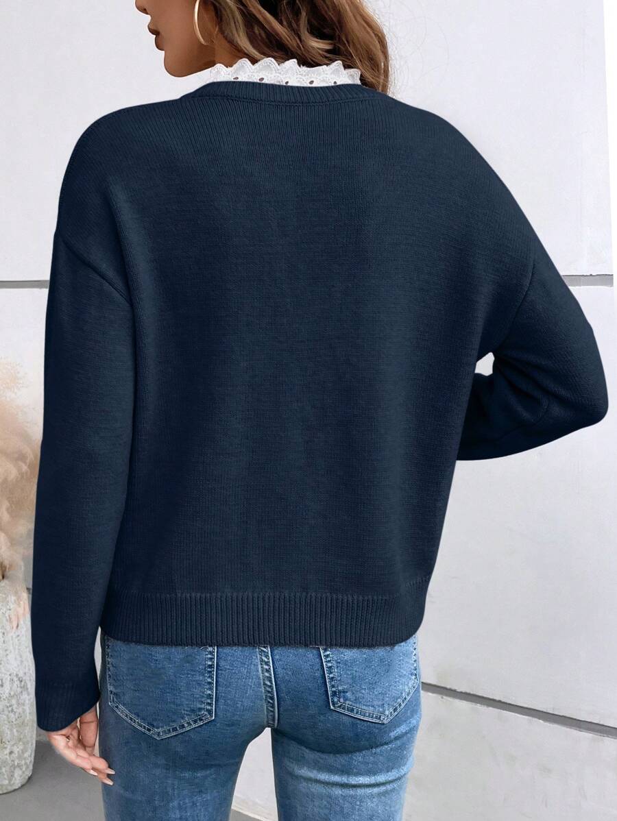 Blue Lace Collar Knit Pullover Notched Neck Casual Fall Winter Sweater For Everyday Warmth