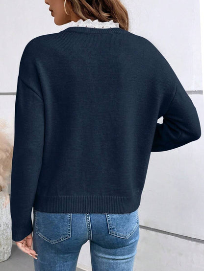 Blue Lace Collar Knit Pullover Notched Neck Casual Fall Winter Sweater For Everyday Warmth