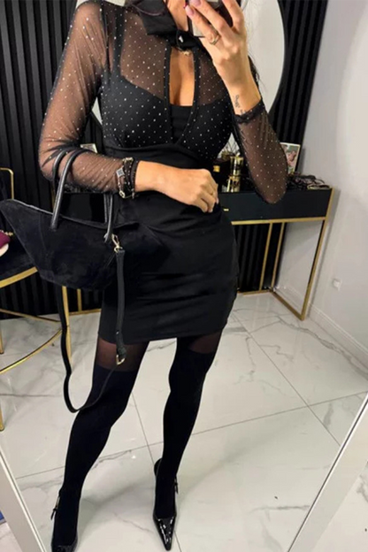 Sexy Buttons Mesh Hot Drill Turndown Collar Wrapped Skirt Dresses(3 Colors)