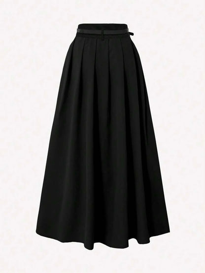 Pleated High Waist Decorative Belt Skirt With Pockets
