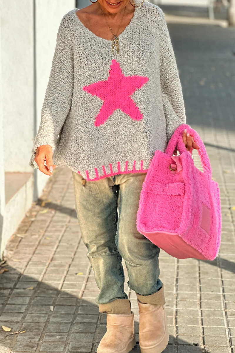 Casual Street The stars Weave Contrast V Neck Sweaters
