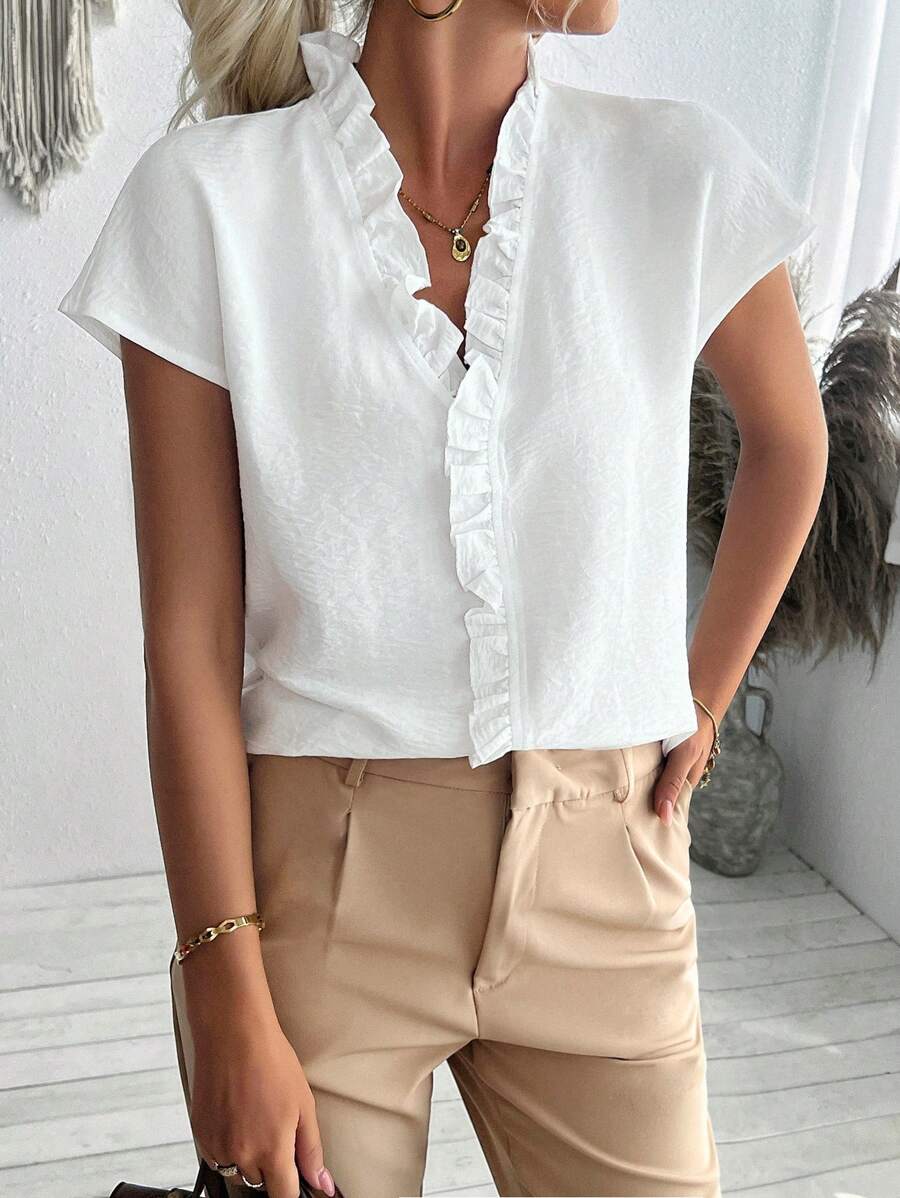 Navy Batwing Frill Blouse